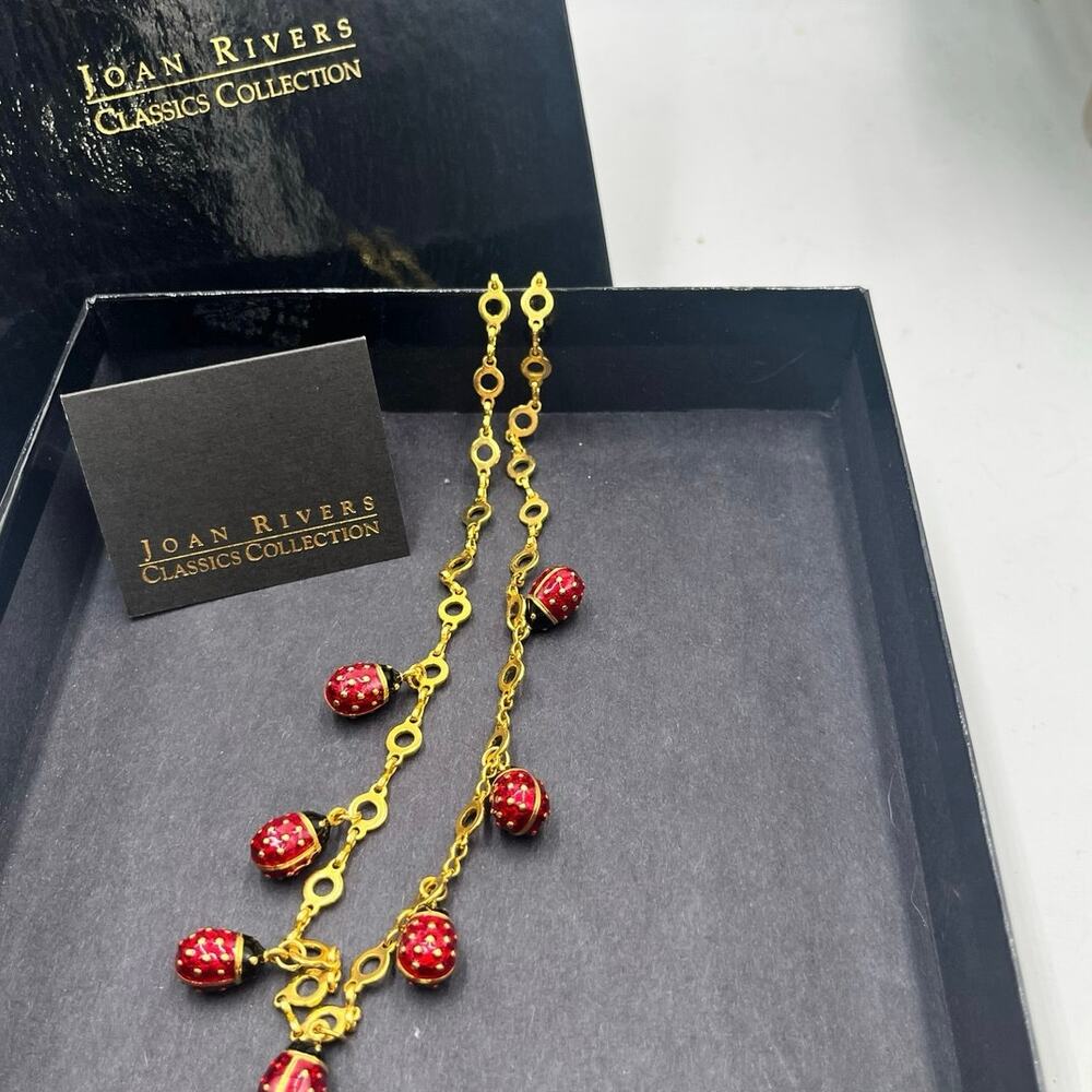 Joan Rivers Collection Vintage Seven Red Gold Tone Ladybug Dangle Necklace New
